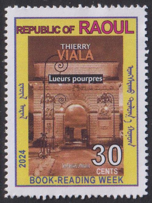The stamp features the cover of a new book by Thierry Viala: Lueurs Pourpres.